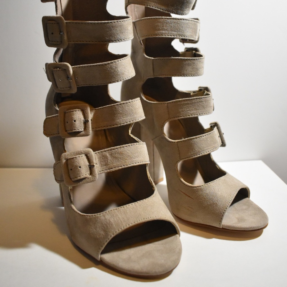 Windsor open-toe taupe heels with buckle straps